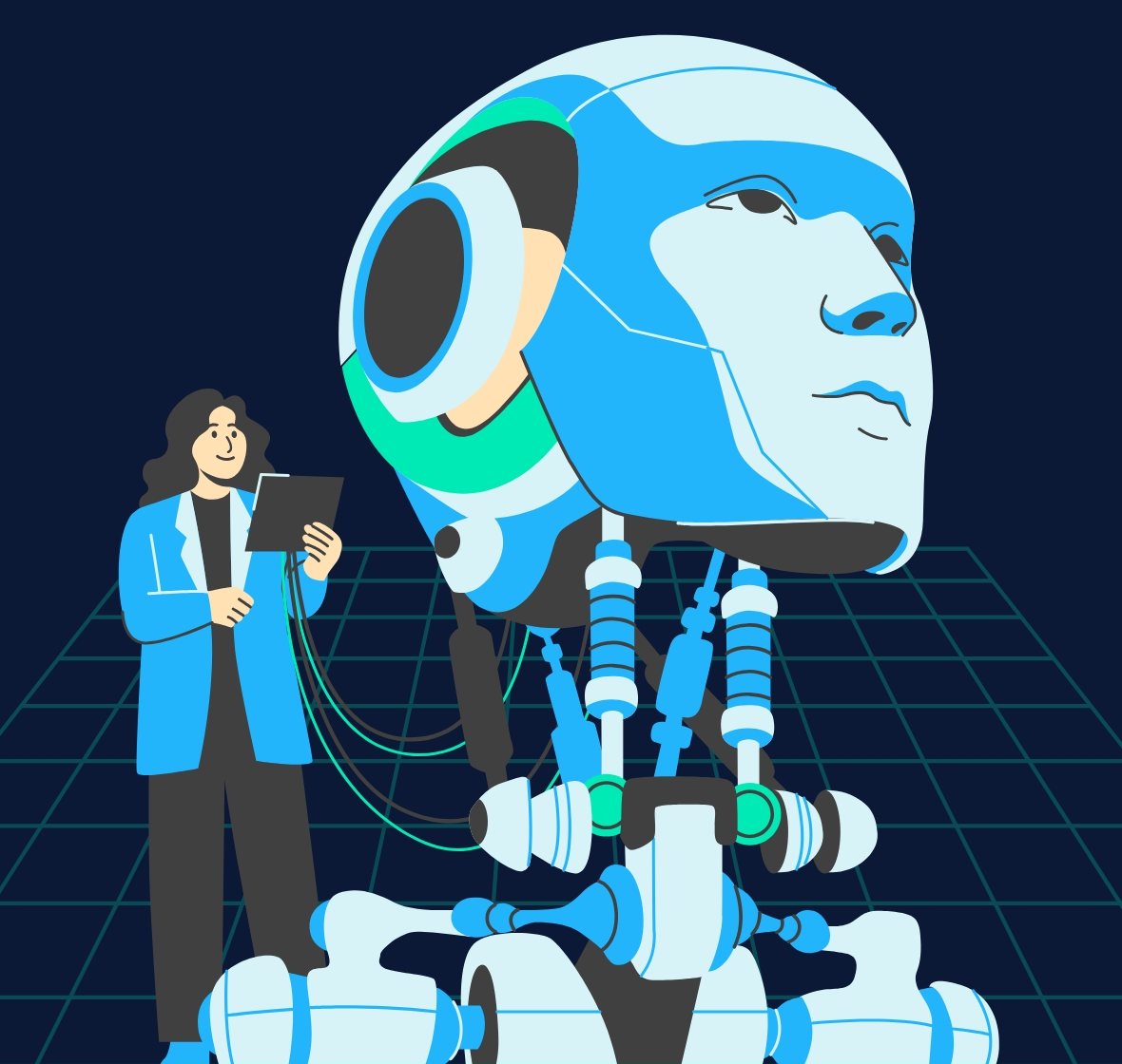 Cover illustration: a manager with a tablet stands beside a large, friendly robot head, working on it together.
